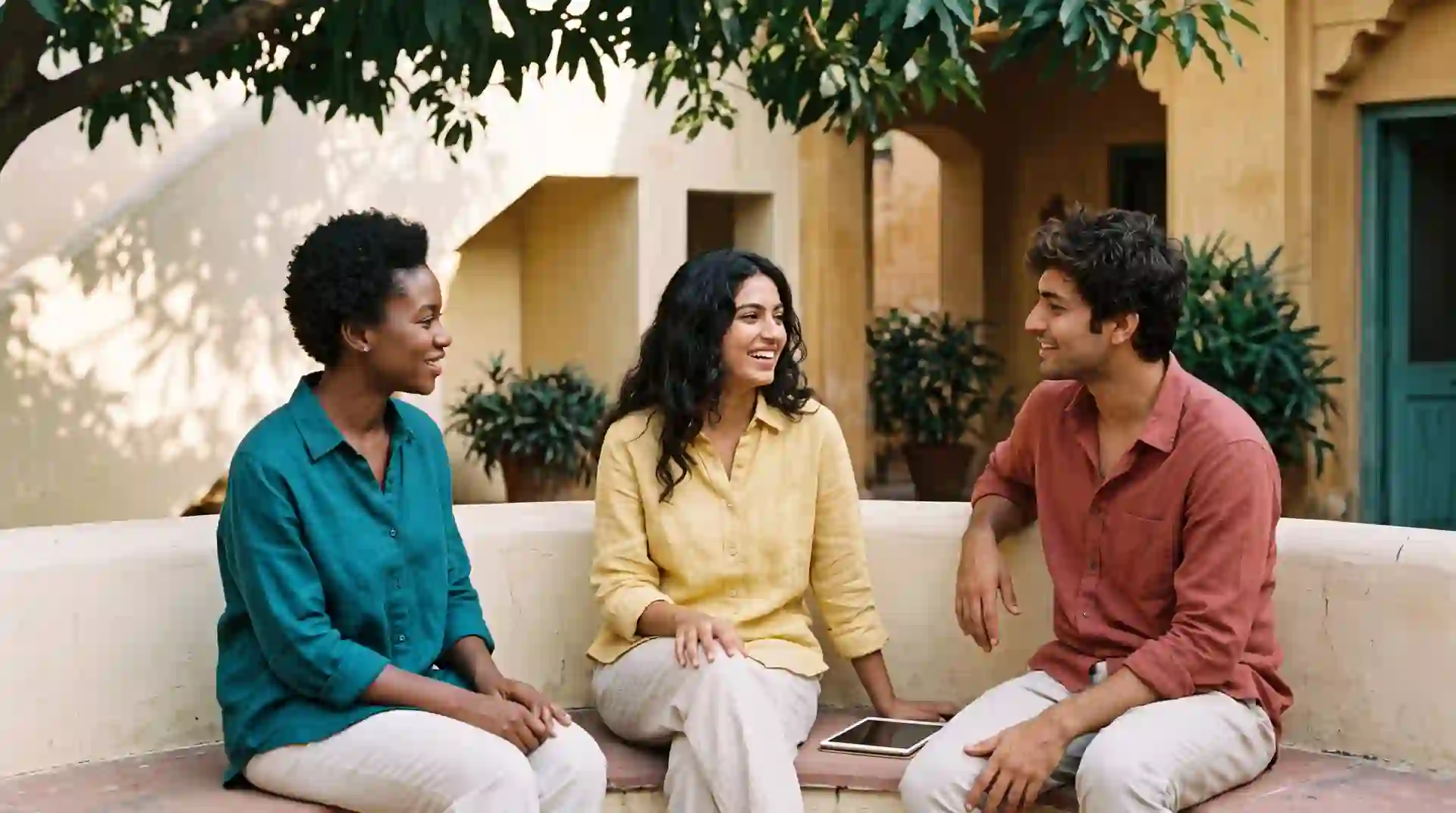 Conceptual artwork: three friends share a warm, unhurried moment together in a sunlit courtyard, seated as equals.